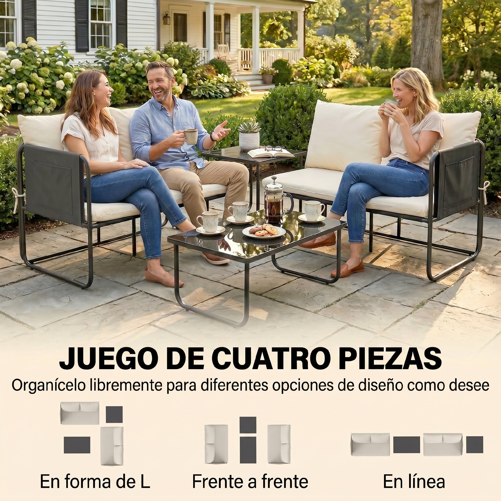 Conjunto Jardín Exterior de 4 Piezas, Muebles Jardín Exterior con 2 Sofás 2 Plazas, 2 Mesas de Vidrio, Cojines, Fundas Extraíbles, Bolsillos, Tela Textilene Transpirable, Marco Acero, Caqui