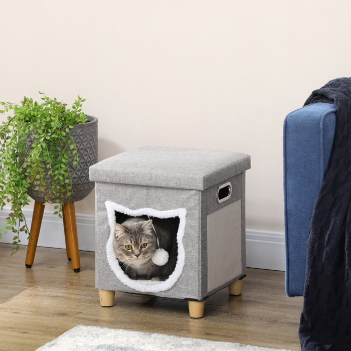 Niche chat grattoir pouf 3 en 1 design porte tête de chat - coussin bouclette amovible inclus - tissu gris