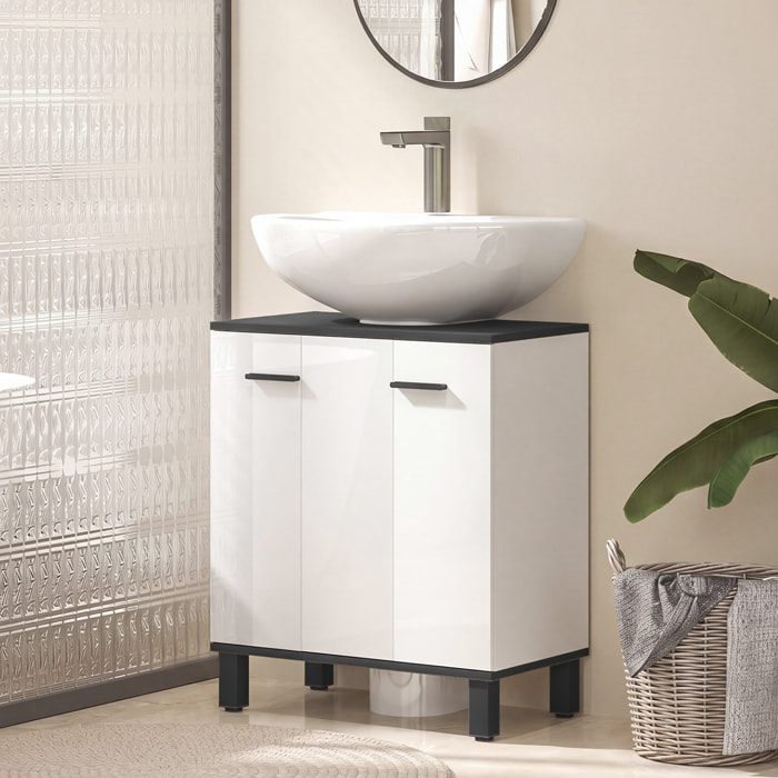 Mueble Bajo Lavabo, Mueble de Baño Compacto con Estante Ajustable, 2 Puertas, Estilo Moderno, para Lavabo con o sin Pedestal, 60x34x70 cm, Blanco Brillo