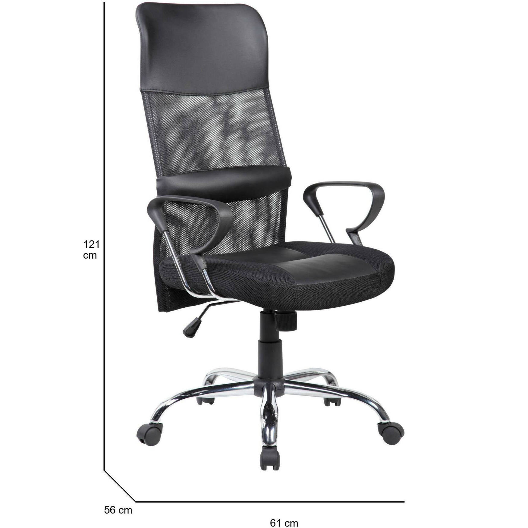 Sedia da ufficio Bay, Poltrona presidenziale con braccioli, Sedia ergonomica da ufficio, 56x61h111/121 cm, Nero