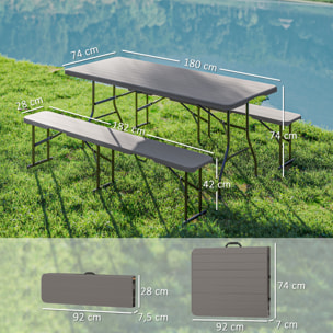 Conjunto de Camping Plegable de 3 Piezas Mesa Plegable Camping con Bancos Incluye 1 Mesa 180x74x74 cm y 2 Bancos Efecto Madera Impermeable para Acampadas Jardín Pícnic Marrón