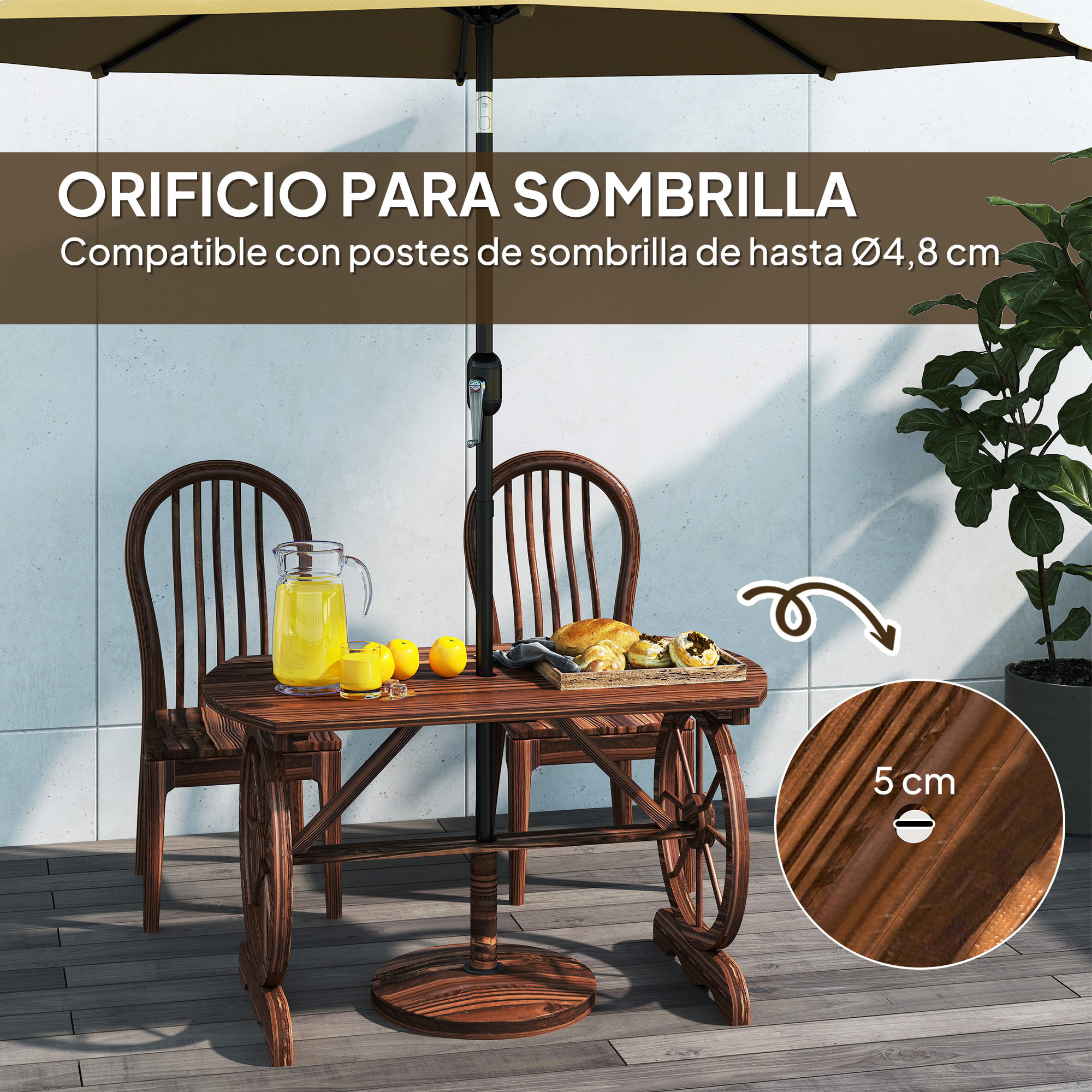 Mesa de Jardín de Madera Mesa de Terraza Exterior 120x63x70 cm con Patas en Forma de Rueda Orificio para Sombrilla y Diseño de Listones Carga 50 kg para Patio Madera Carbonizada