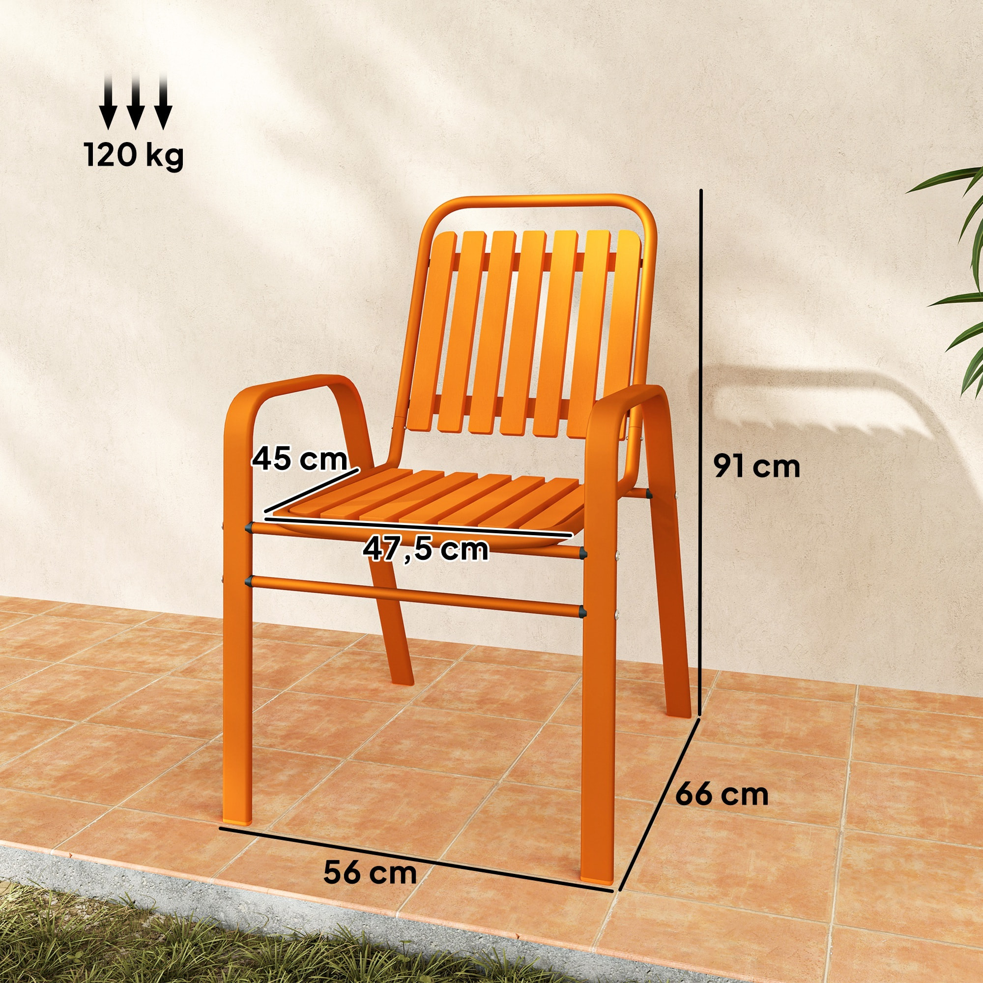 Lot de 4 chaises de jardin empilables design néo-rétro avec hauts dossiers accoudoirs acier époxy orange