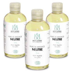 MEDICAFARM - Huile de massage neutre végétale - Très bonne glisse - Idéale pour des massages de longue durée - Sans parfum - Lot de 3 Flacons stop-goutte de 250ml