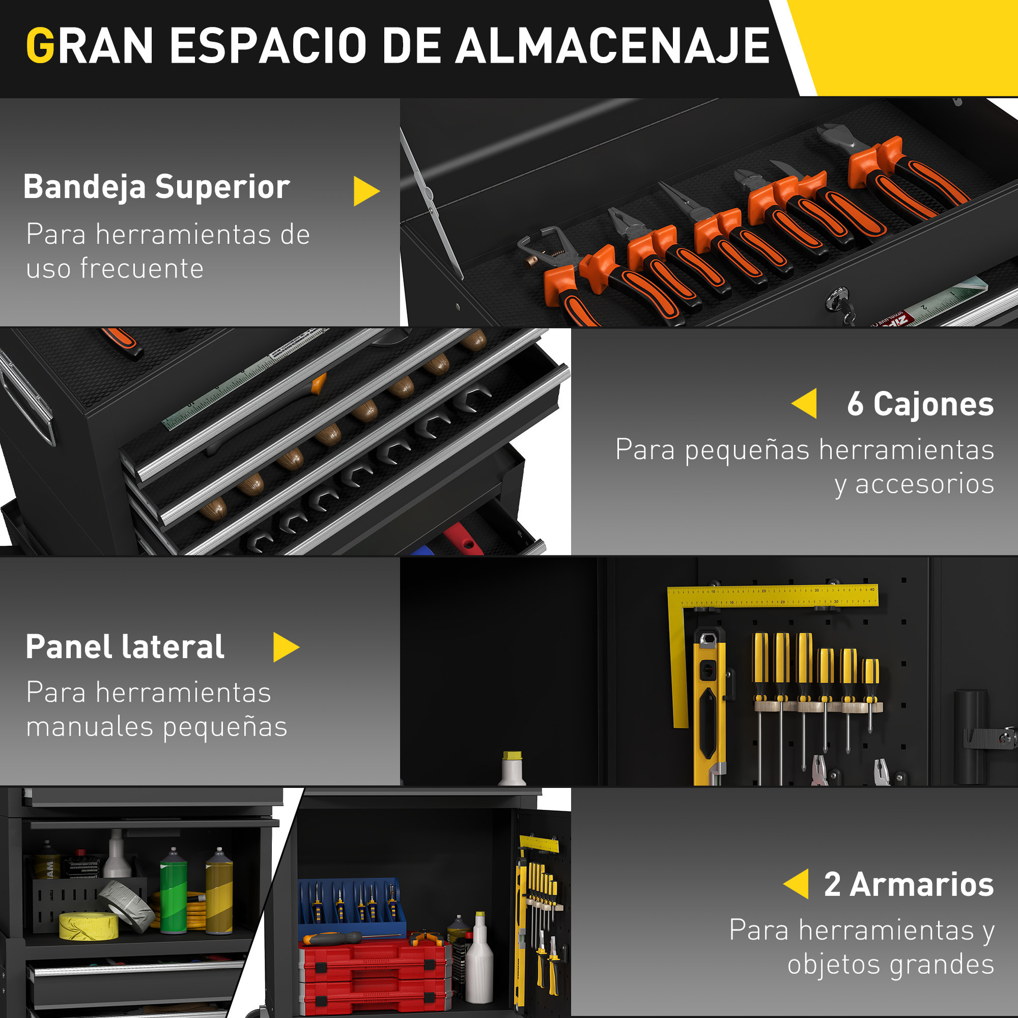 Carro de Herramientas con 6 Cajones y Cerraduras, 3 en 1, Carro de Taller Móvil con Ruedas y Panel Lateral Perforado, Caja de Herramientas Desmontable de Acero, para Taller, Garaje, Negro