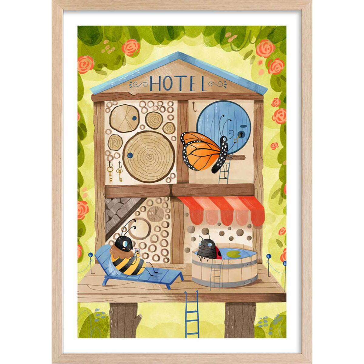 Affiche enfant hôtel pour insectes  Affiche sous cadre bois