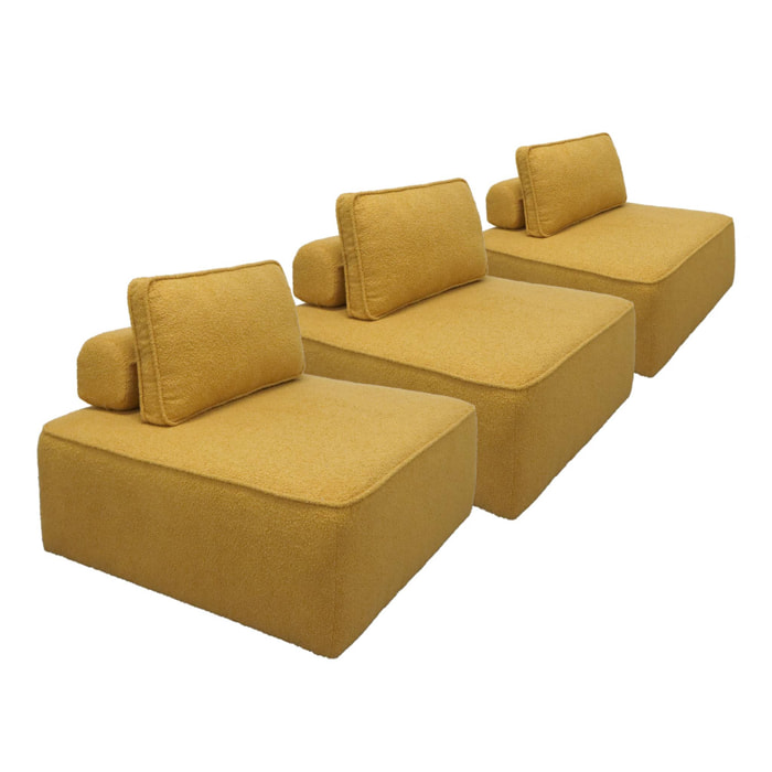 Lot de 3 chauffeuses pour canapé modulable tissu bouclette moutarde 1 place Bao. L 90 x P 90 x H 74cm