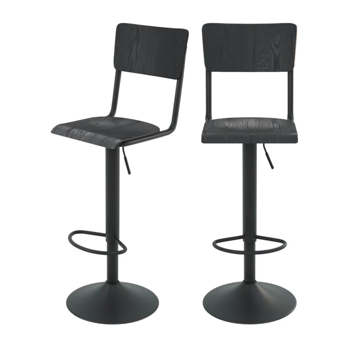Lot de 2 chaises de bar réglables 60/80 cm en bois noir - Clem