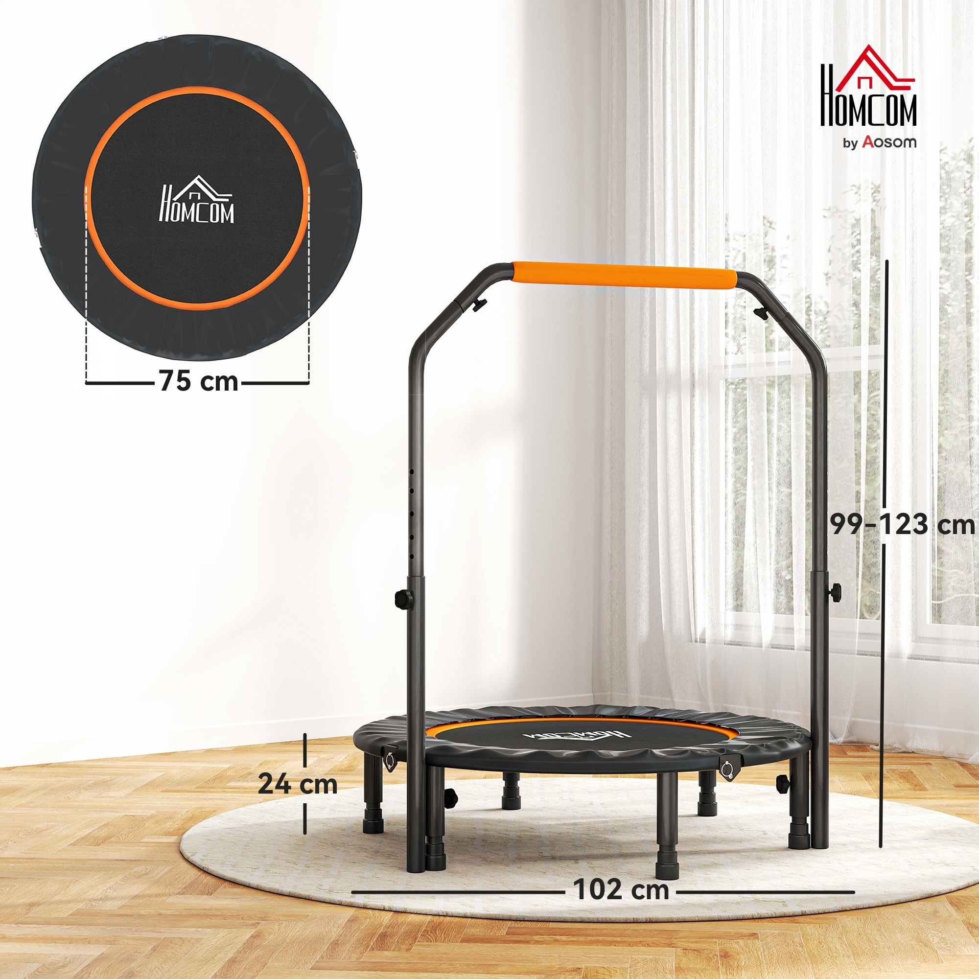 Trampolín de Fitness Adultos Ø102 cm, Cama Elástica Plegable con Mango Ajustable de 4 Niveles, Marco de Acero, para Entrenamiento Piernas, Cuerpo en Hogar, Oficina, Gimnasio, Negro y Naranja