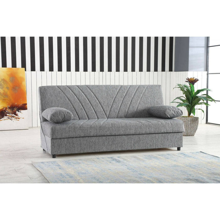 Divano letto 3 posti Apicella, Divano contenitore 2 cuscini inclusi, Sofà da soggiorno in tessuto con apertura click-clack, 181x81h88 cm, Grigio