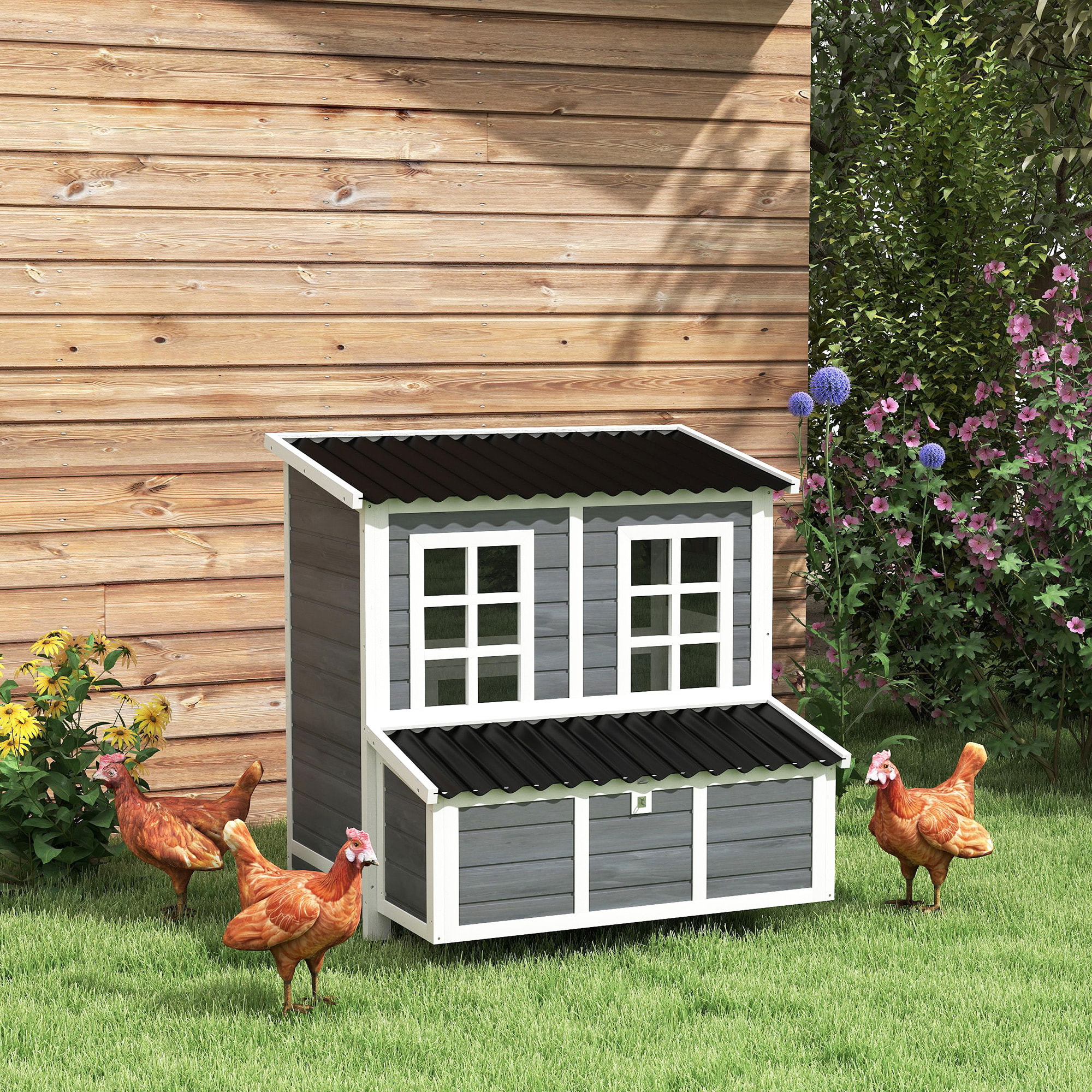 Poulailler cottage en bois 3 pondoirs toit ouvrant porte 2 fenêtres plateau déjection 100x86x100cm gris blanc noir