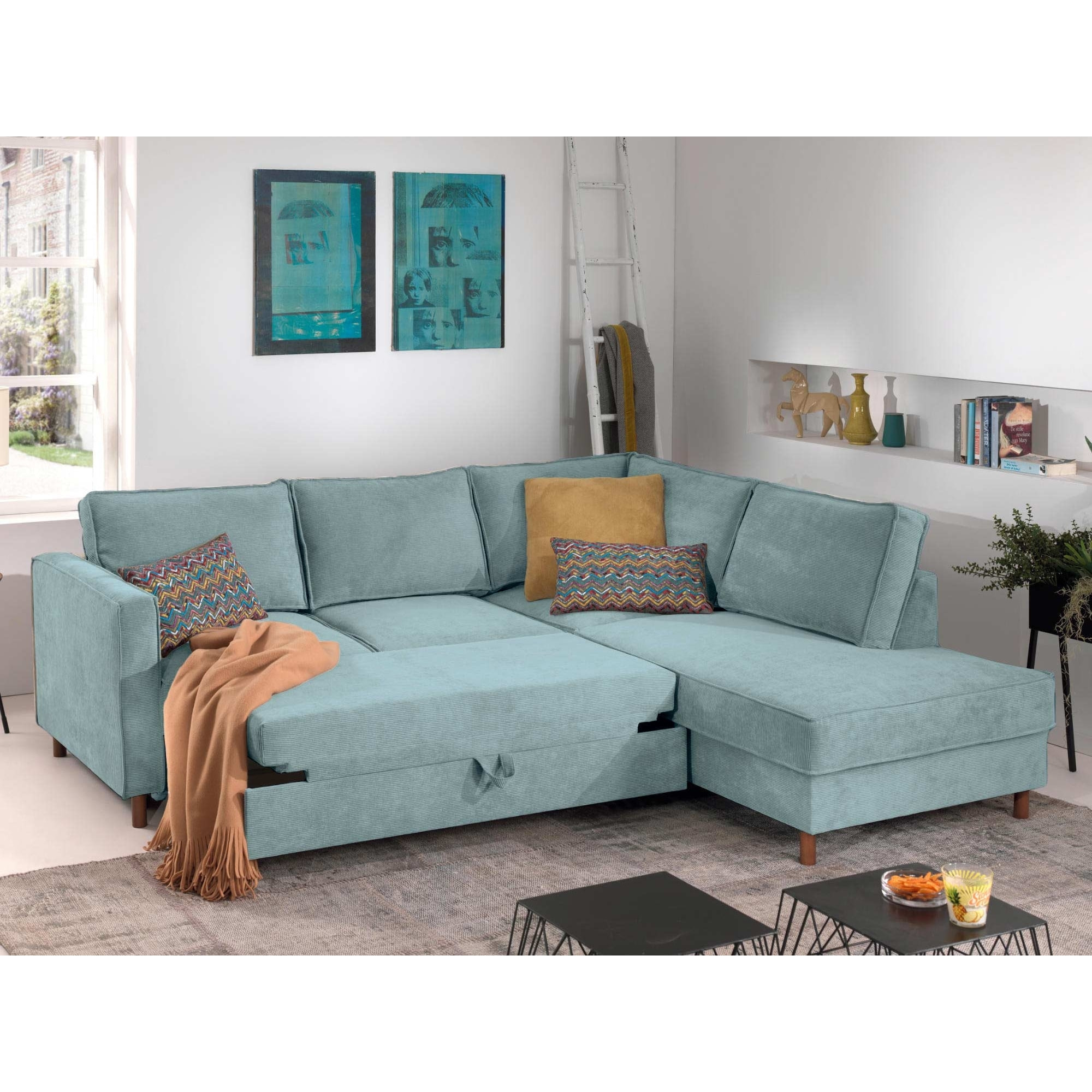 Jake - canapé d'angle droit - convertible - 5 places - en velours côtelé - Bleu