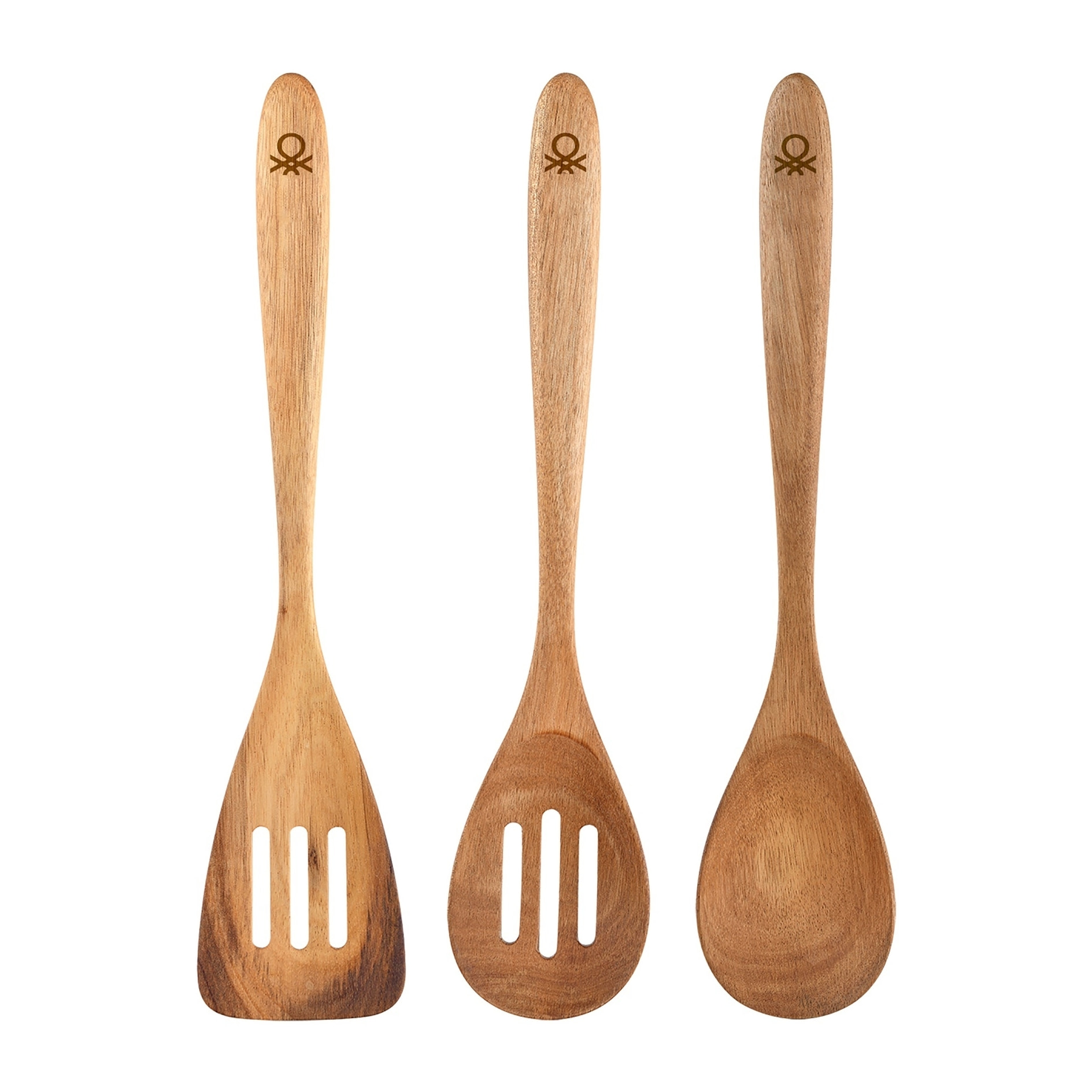 Set 3pc utensilios cocina (rasera ranurada + cucharón + cuchara ranurada) madera de acacia, Benetton