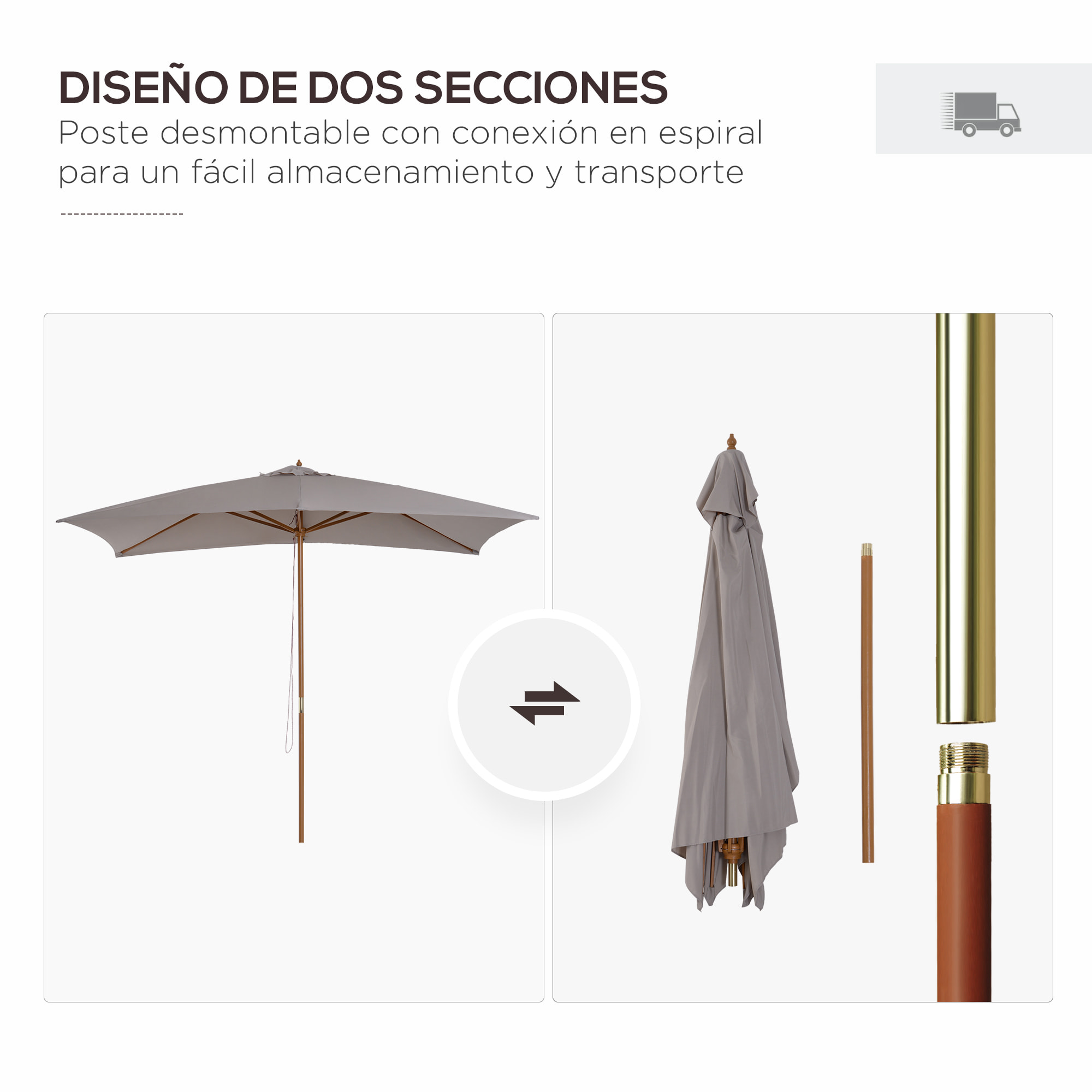 Sombrilla Terraza Exterior 295x200 cm Sombrilla de Jardín Rectangular Ajustable con Má¡stil de Madera y Manivela Impermeable Parasol para Patio Terraza Gris