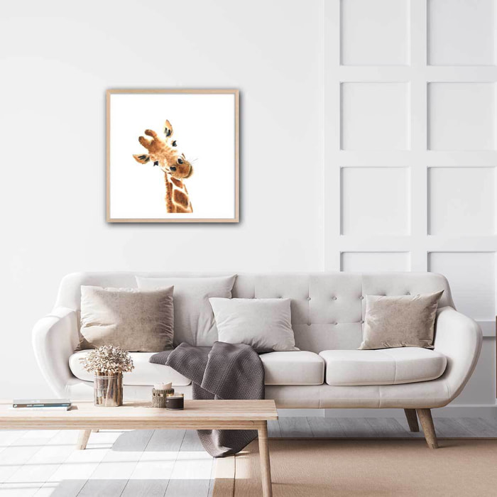 Poster dessin charmante girafe Affiche + cadre en bois - Chêne
