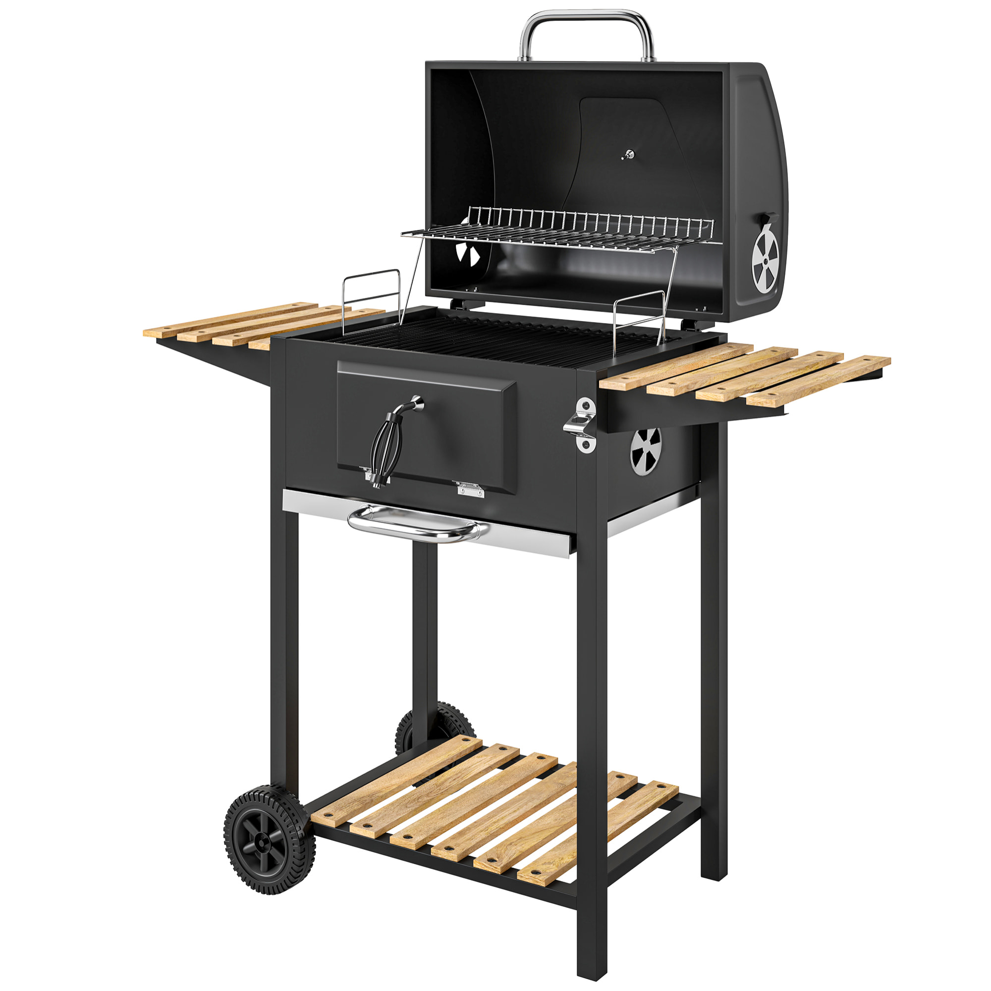 Barbecue charbon de bois avec couvercle 2 roues - hauteur grille réglable, thermomètre, 3 étagères - acier noir bois