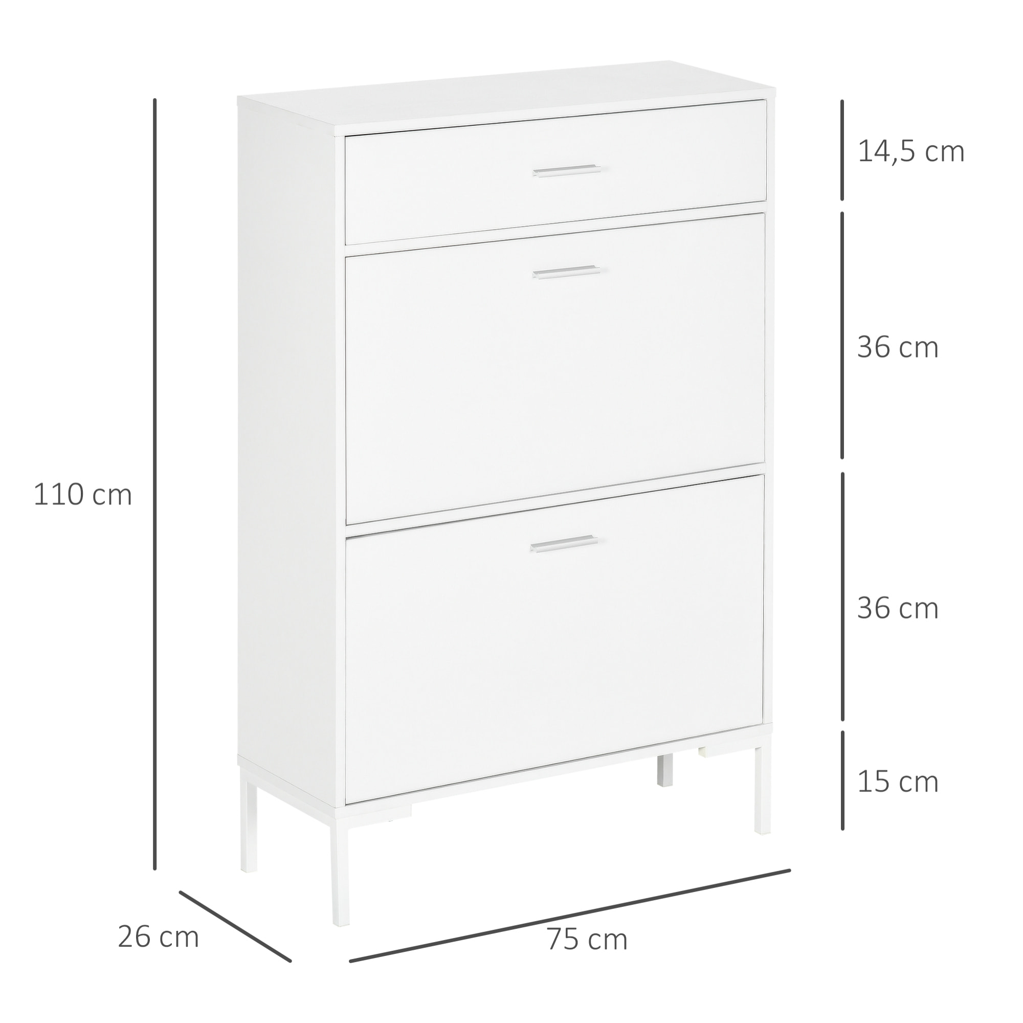 Meuble à chaussures 12 paires, armoire à chaussures étroite avec 2 tiroirs rabattables, 1 tiroir et étagères réglables, style moderne, pour couloir, entrée, 75 x 26 x 110 cm, blanc