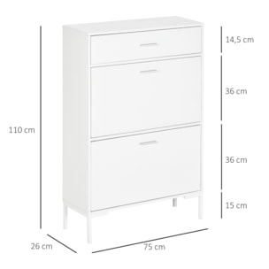 Meuble à chaussures 12 paires, armoire à chaussures étroite avec 2 tiroirs rabattables, 1 tiroir et étagères réglables, style moderne, pour couloir, entrée, 75 x 26 x 110 cm, blanc