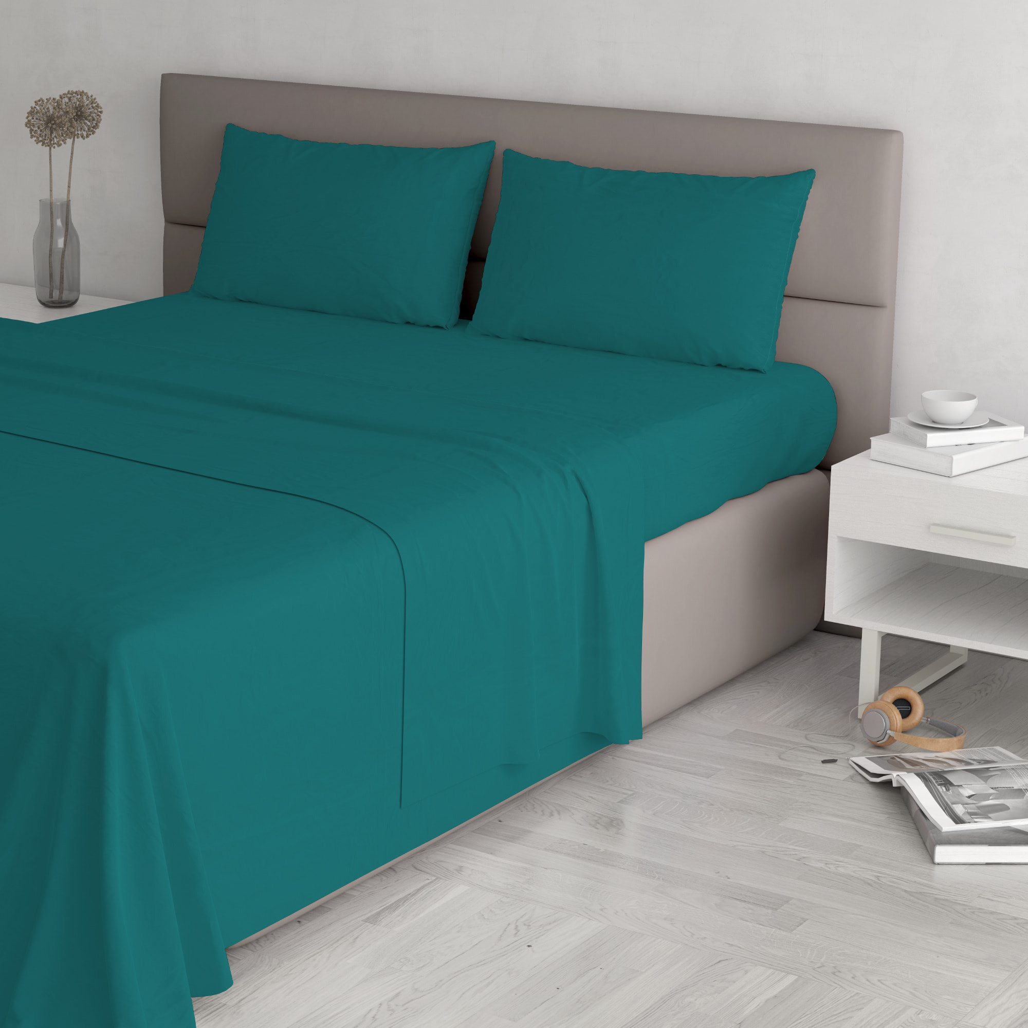 COMPLETO LETTO MAX COLOR, 100% Cotone, Made in Italy - VERDE BOTTIGLIA