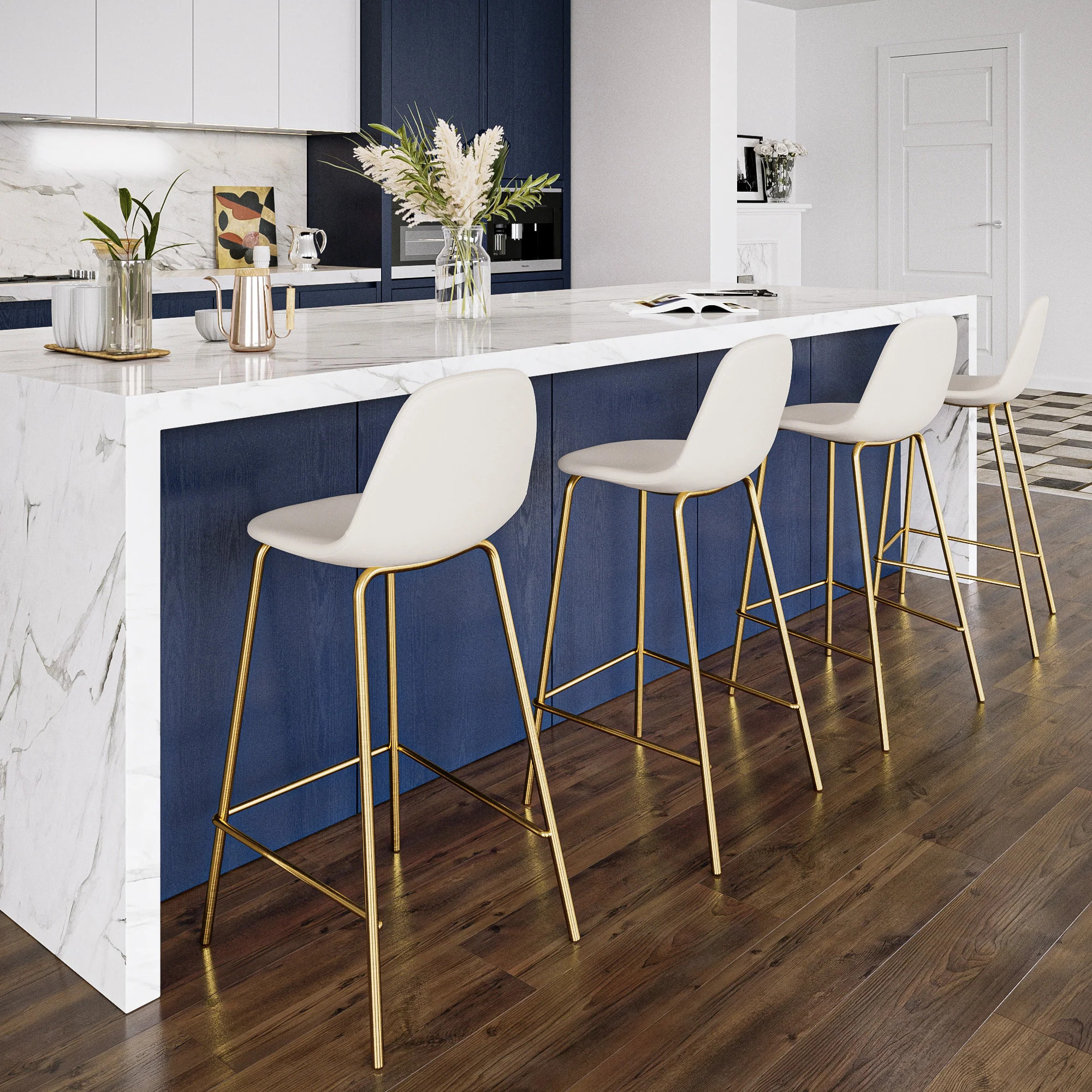 Pack 4 chaises pour îlot central blanches et bleues 65 cm - Henrik