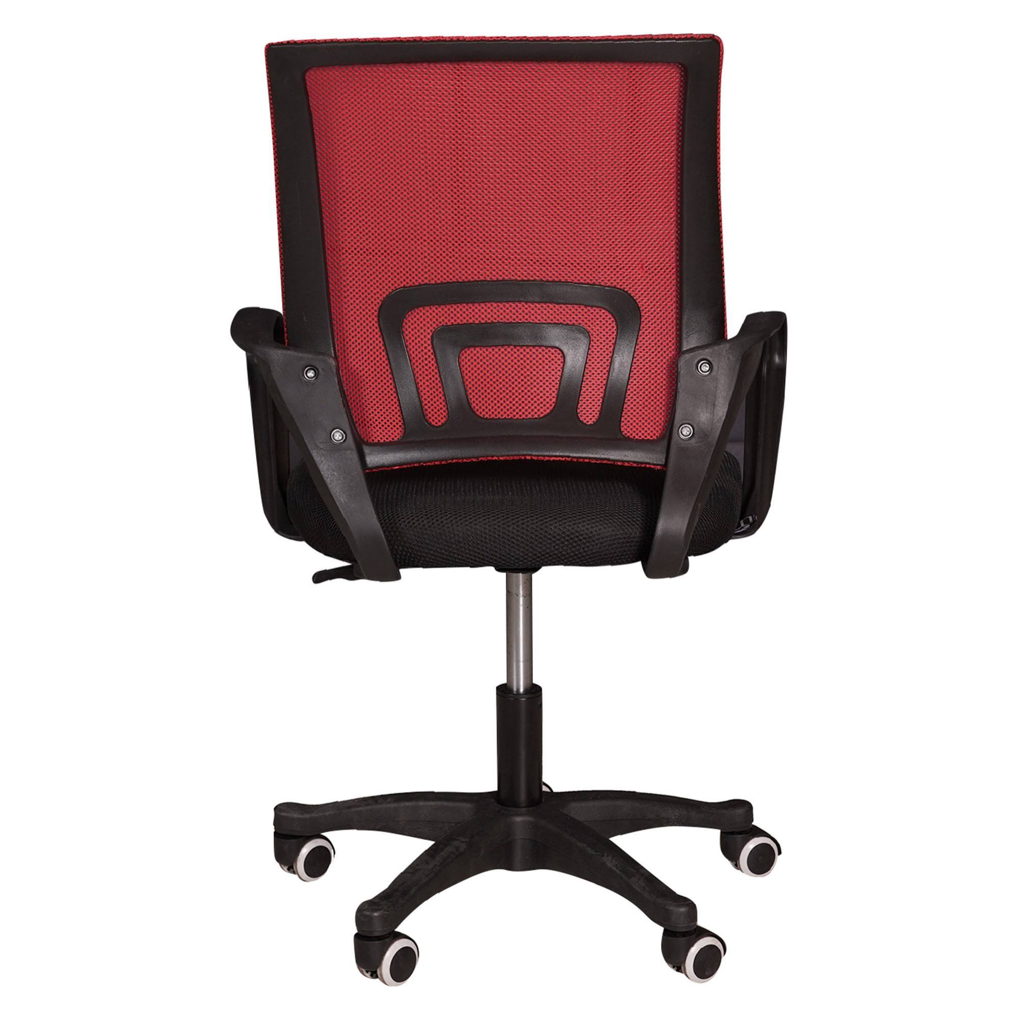 Sedia da ufficio su ruote, Poltrona elevabile con braccioli, Sedia in tessuto imbottito con schienale in rete, cm 62x50h84/93, colore Nero e Rosso