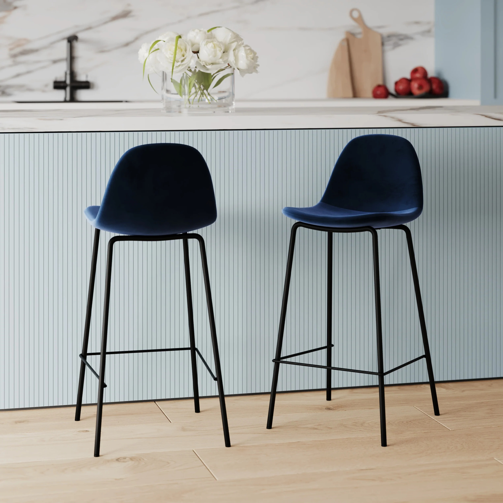 Lot de 2 chaises pour îlot central 65 cm en velours bleu foncé - Henrik