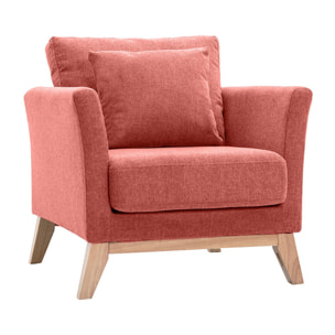 Fauteuil scandinave déhoussable en tissu effet velours texturé terracotta et bois clair OSLO
