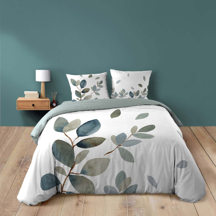 Parure de lit 3 pièces 100 % coton imprimé à motif végétal housse + taies - Bleu