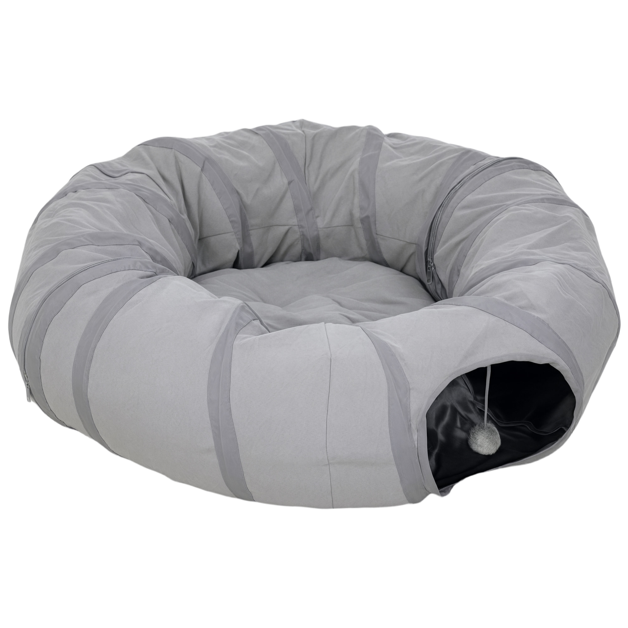Tunnel pour chat intérieur - fonction lit pliable avec coussin et jeu balle suspendue - gris