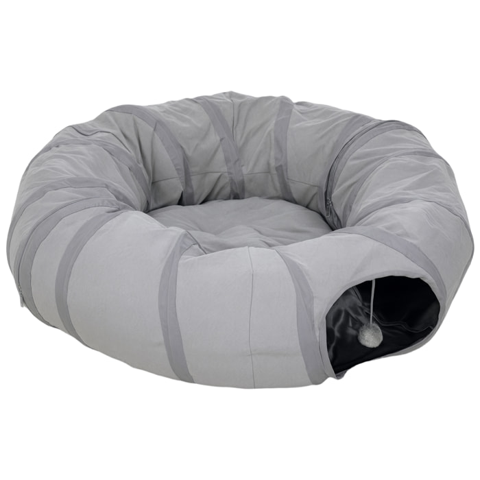 Tunnel pour chat intérieur - fonction lit pliable avec coussin et jeu balle suspendue - gris