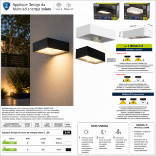 OMEGA Applique LED Solare da Muro 6W 900lm IP54 con Sensore_Nera