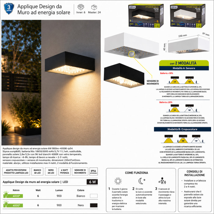 OMEGA Applique LED Solare da Muro 6W 900lm IP54 con Sensore_Nera
