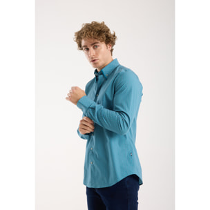 Camicia Uomo 2 Bottoni Button Down Doppio Coll Popeline Stretch Stampato Verede Ottanio/Arancio