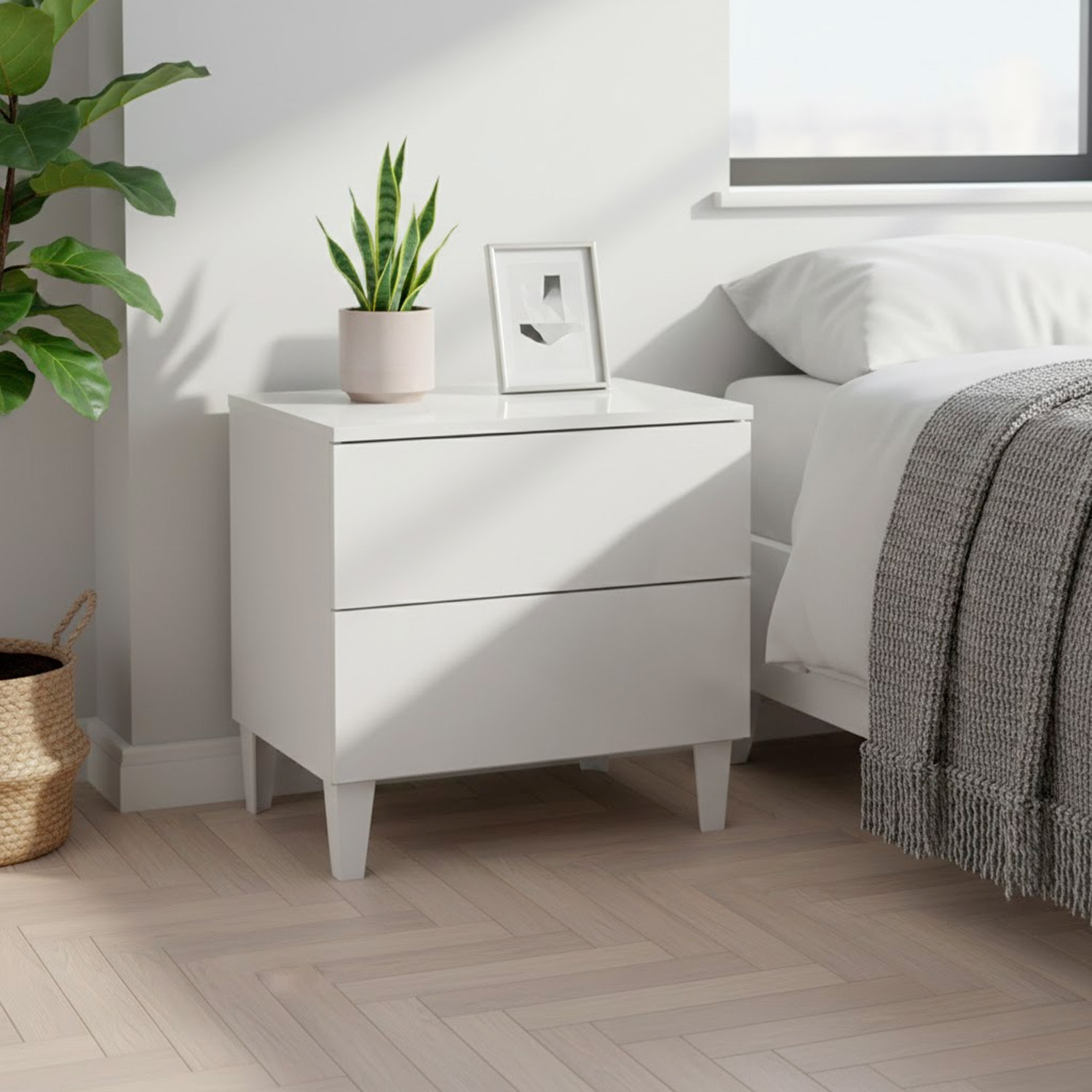 Comodino Con 2 Cassetti Cassettiera Settimino Mobile Da Camera Da Letto Moderno Mobiletto Con Piedini Montaggio Facile 50 x 34 x 39 Cm Bianco Lucido