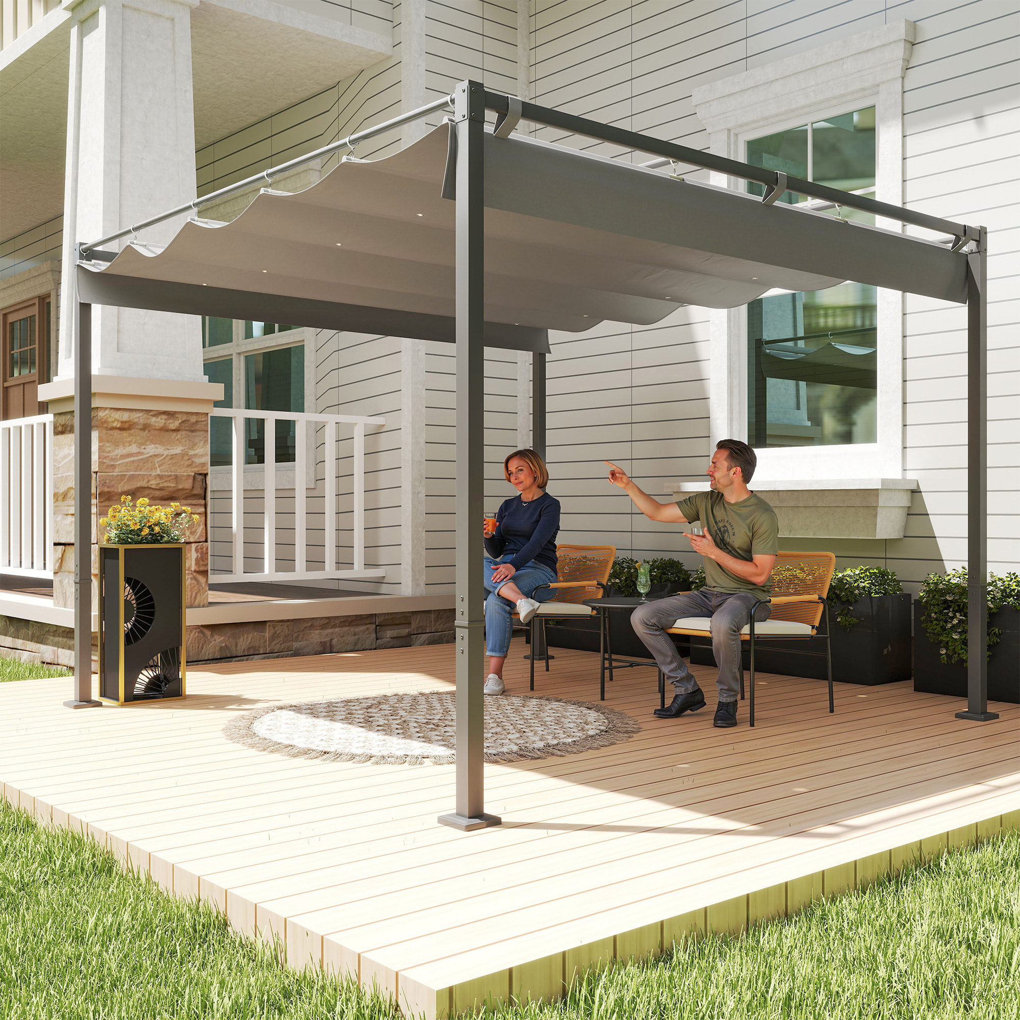 Pérgola con Techo Retráctil Pérgola de 3x3 m Cenador de Pared o Independiente con Cierre Magnético Protección UV30+ Pabellón para Jardín Patio Terraza Exterior Gris