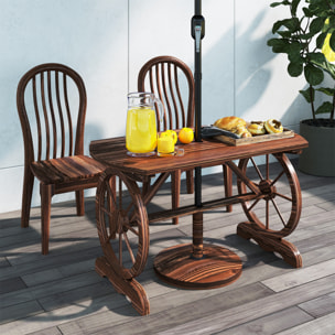 Mesa de Jardín de Madera Mesa de Terraza Exterior 120x63x70 cm con Patas en Forma de Rueda Orificio para Sombrilla y Diseño de Listones Carga 50 kg para Patio Madera Carbonizada