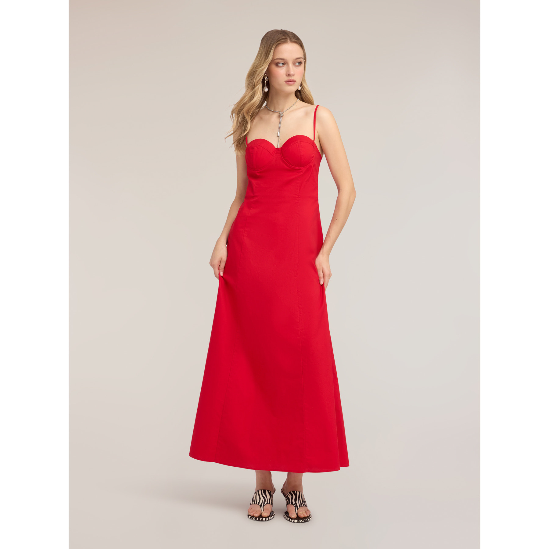 Motivi - Vestido largo de línea A en popelín con bustier - Rojo