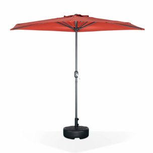 Parasol de balcon Ø250cm  – CALVI – Demi-parasol droit. mât central en aluminium avec manivelle d’ouverture. toile terracotta