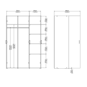 Armadio guardaroba a tre ante battenti con quattro ripiani interni e barra appendiabiti, colore bianco, Misure 115 x 175 x 49 cm