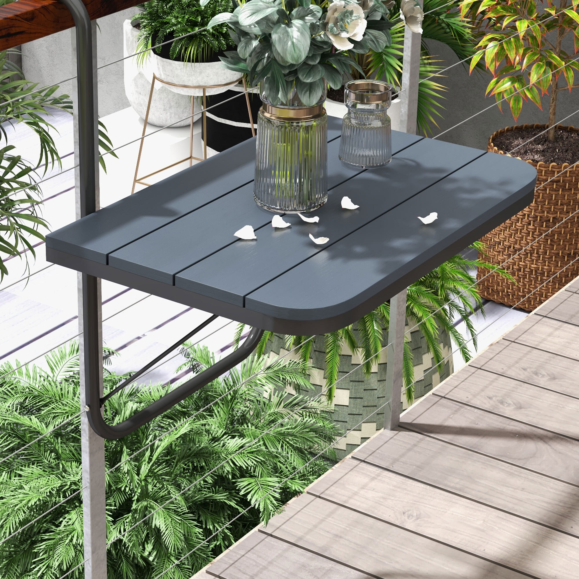 Mesa Colgante de Balcón, Mesa Plegable para Balcón de Aluminio para Barandilla, con Altura Ajustable en 4 Niveles, Adaptable a 4 Anchos, Carga 25 kg, para Jardín, 60x40x55-64 cm, Negro