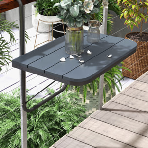 Mesa Colgante de Balcón, Mesa Plegable para Balcón de Aluminio para Barandilla, con Altura Ajustable en 4 Niveles, Adaptable a 4 Anchos, Carga 25 kg, para Jardín, 60x40x55-64 cm, Negro