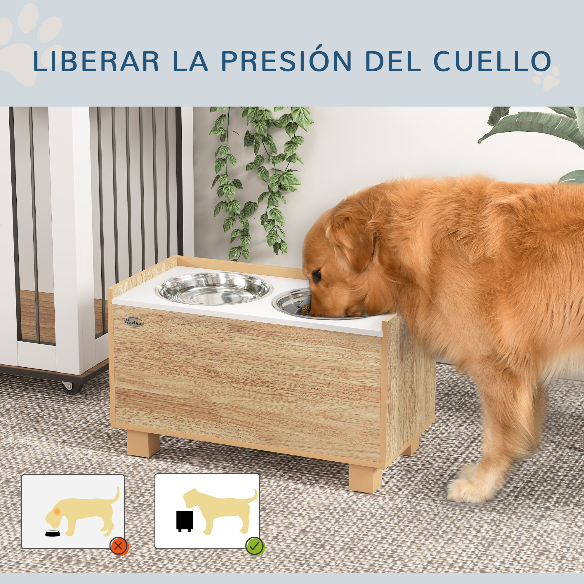 Comedero Perro Elevado con Alimentador Lento Extraíble y Espacio de Almacenaje Cuencos para Perros con 2x2 L Comedero y Bebedero de Acero Inoxidable para Perros Grandes Roble