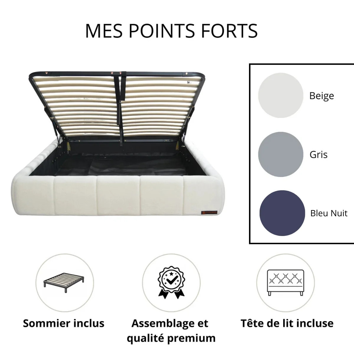 Lit coffre Aneto avec tête de lit en tissu chenille bleu nuit