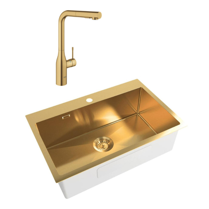 /Grohe - Set Aurum Évier de cuisine encastrable inox 304 , 68x45x21 cm + Essence Mitigeur monocommande Evier, Or brossé PVD