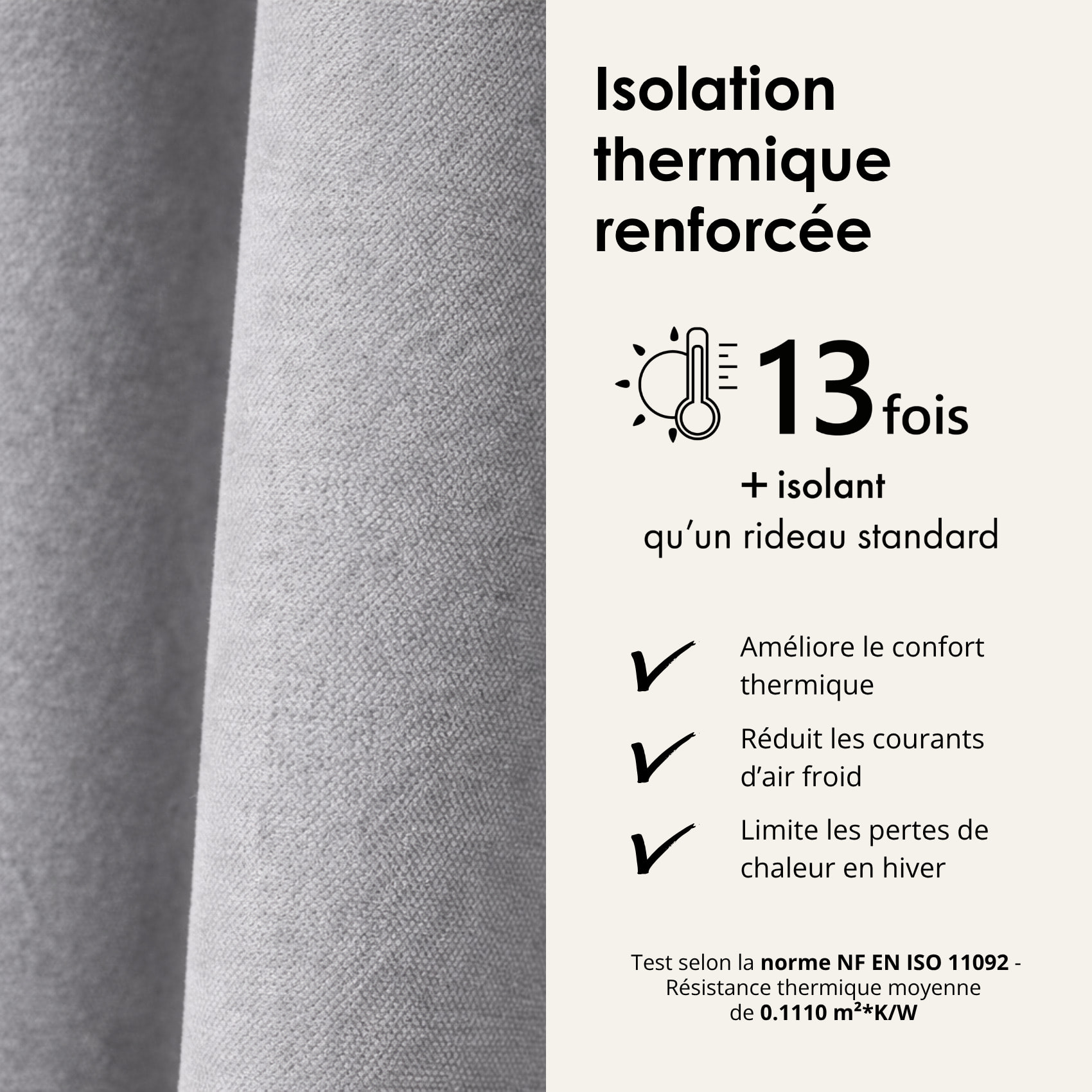 Rideau thermique phonique et semi occultant à galons fronceurs KONFOR - Gris Perle