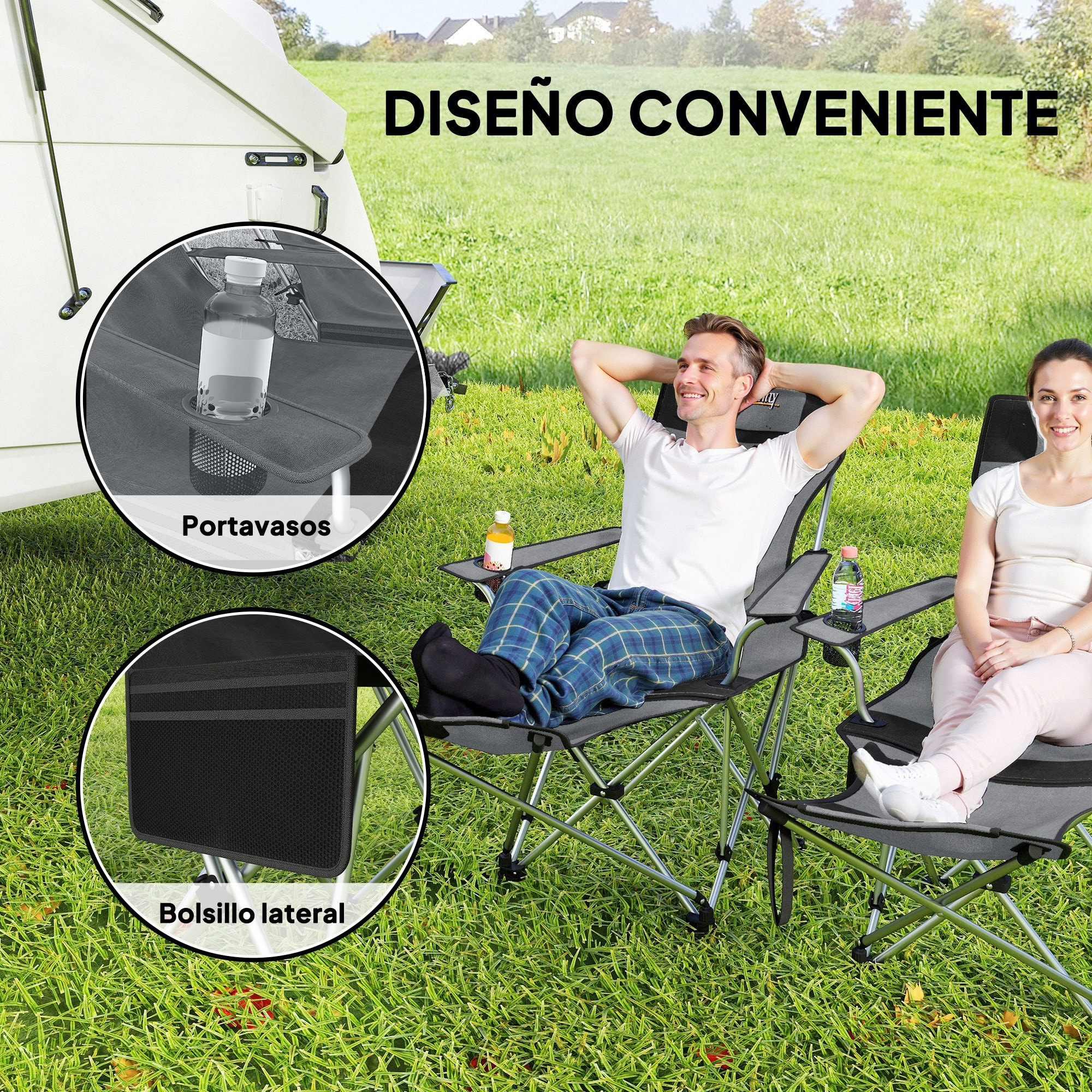 Conjunto de 2 Sillas Plegables Camping Tumbonas Camping Portátiles con Reposapiés Desmontable Reposacabezas Portavasos y Bolsa Lateral Carga 120 kg para Jardín Playa Pesca Gris y Negro