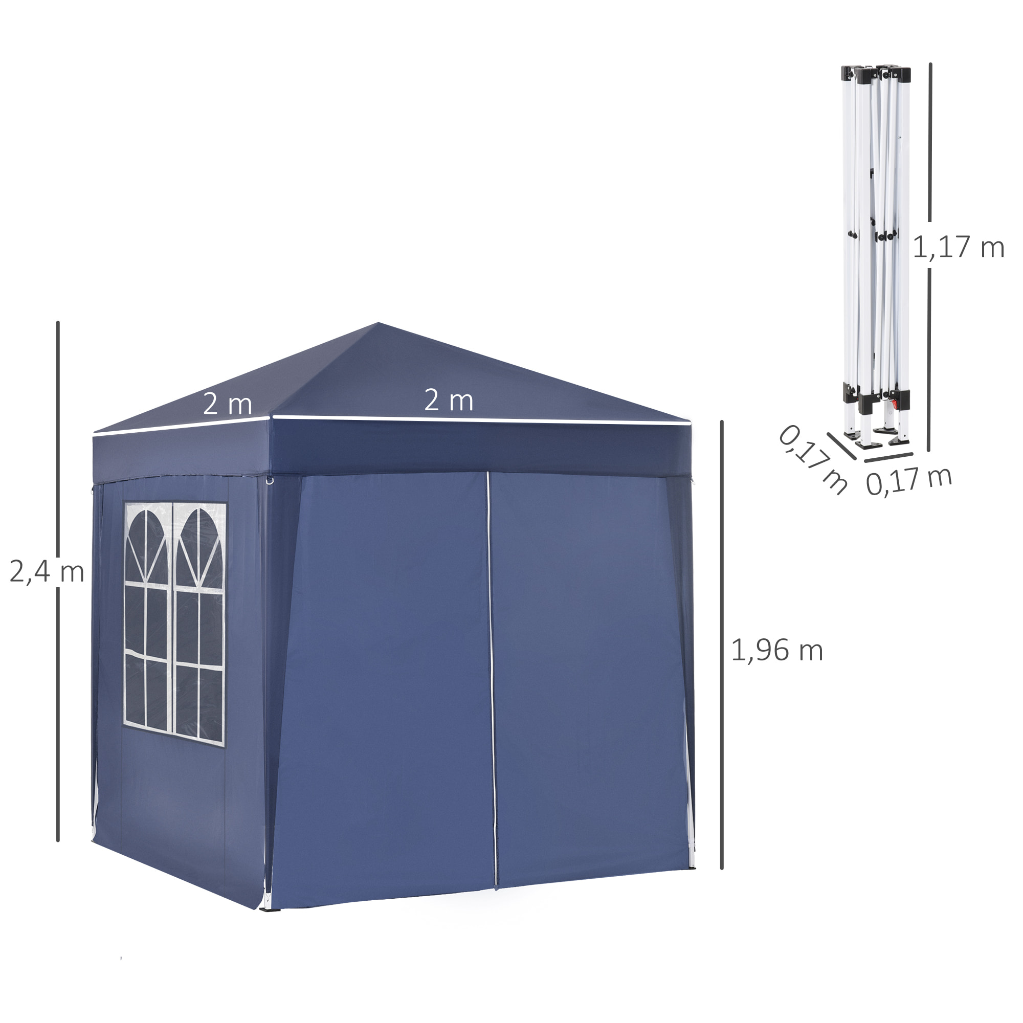 Carpa Plegable 2x2m Exterior con 4 Paredes Laterales Bolsa de Transporte Azul