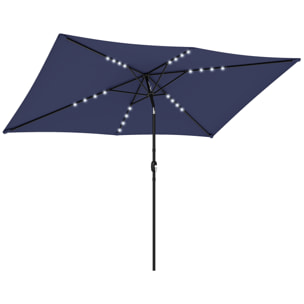 Sombrilla Terraza Exterior, 2,9x2,5 m, Sombrilla de Jardín con 24 Luces LED Solares, Dosel Inclinable, Poste Metálico, Parasol para Patio, Terraza, Azul Oscuro