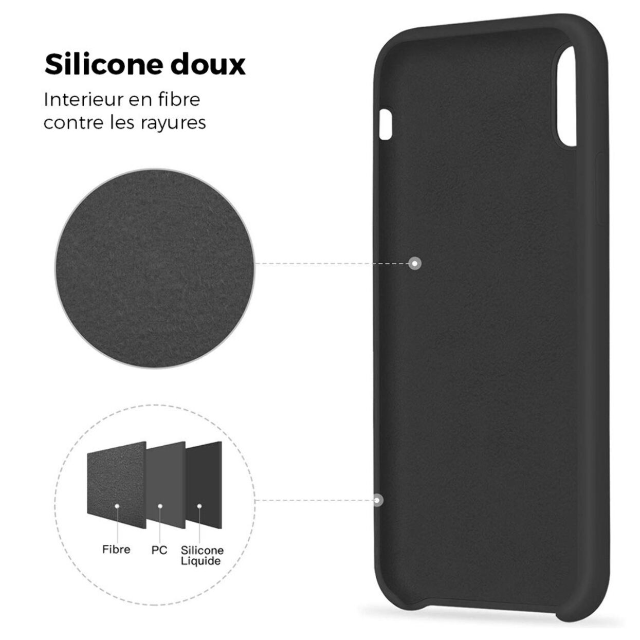 Coque iPhone X/XS Silicone Liquide noir avec vitre de protection en verre trempé