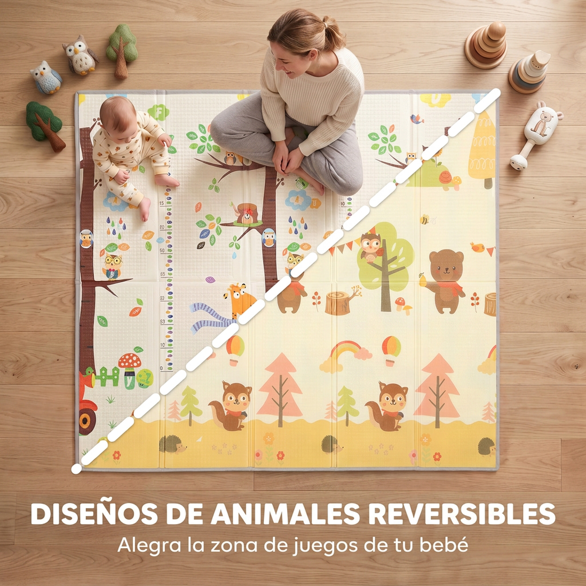 Alfombra Juego Bebé, Plegable y Reversible, 200x180 cm, Alfombra Educativa Antideslizante e Impermeable, Diseño Árbol y Bosque, para Gateo, Jugar y Aprendizaje, para Salón y Dormitorio